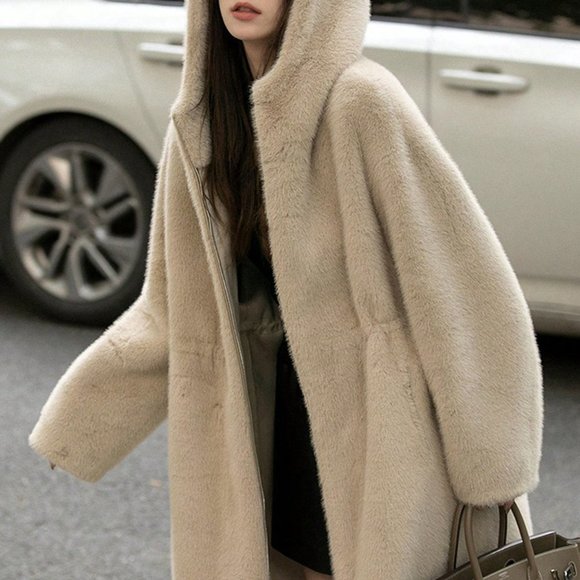 . Jackets & Blazers - White Preppy Womens Solid Drop Shoulder Hooded Fuzzy Coat
